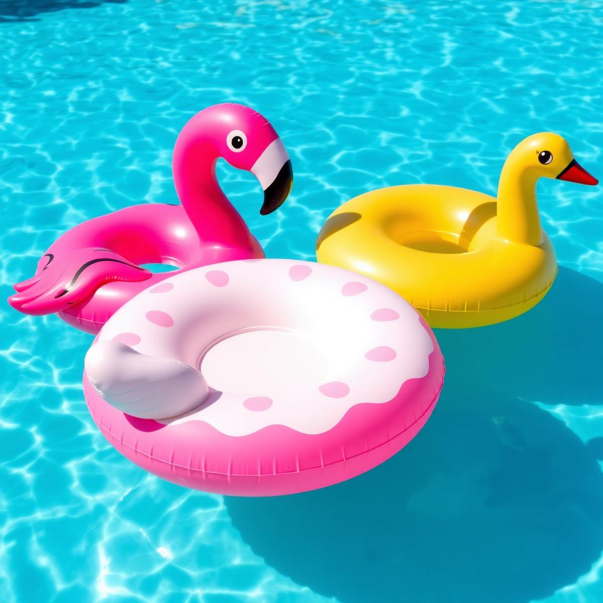 Colorful pool floats — a flamingo, a swan, and a donut — on turquoise water.