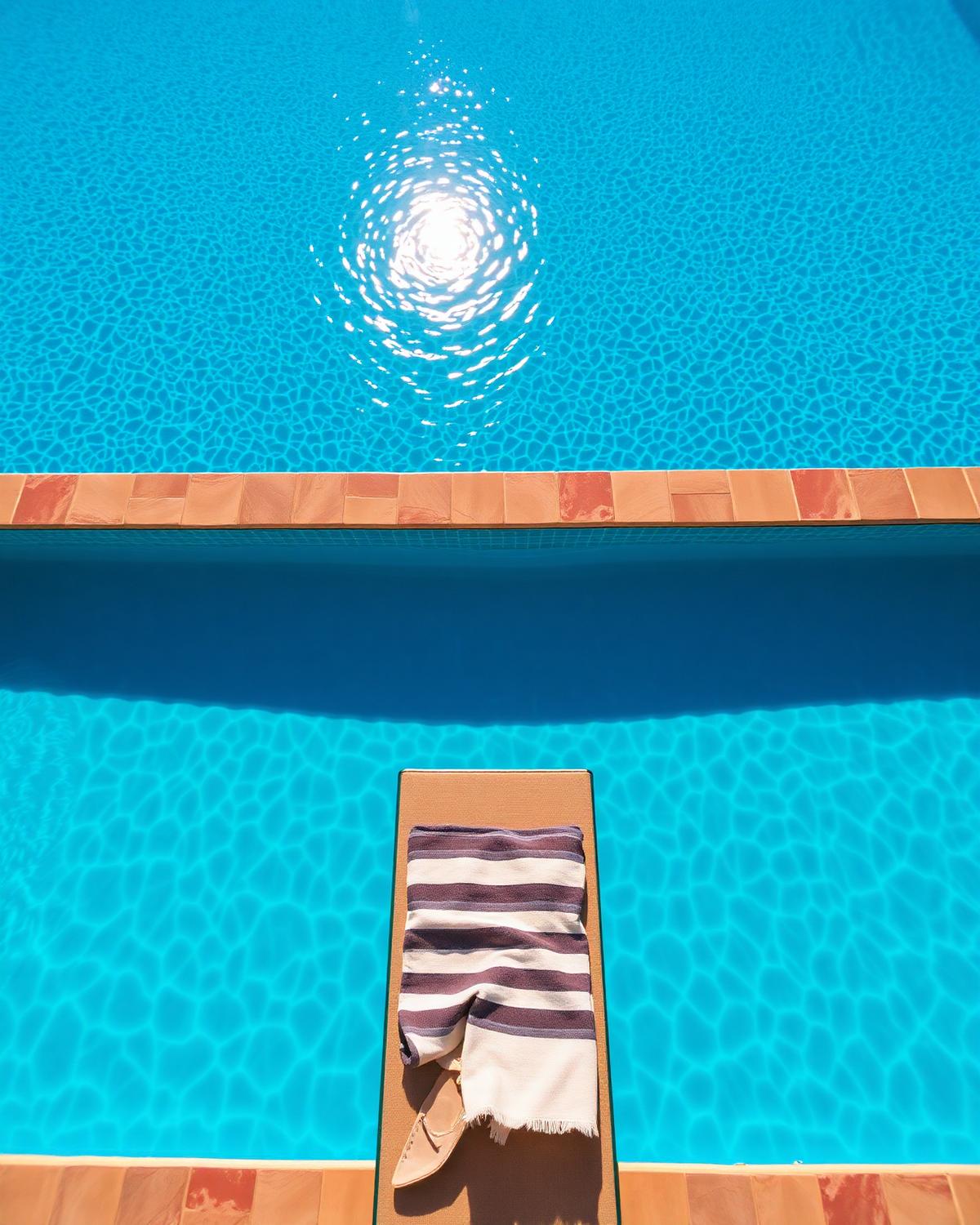 Overhead of a pool with a striped towel on a lounger beside it.