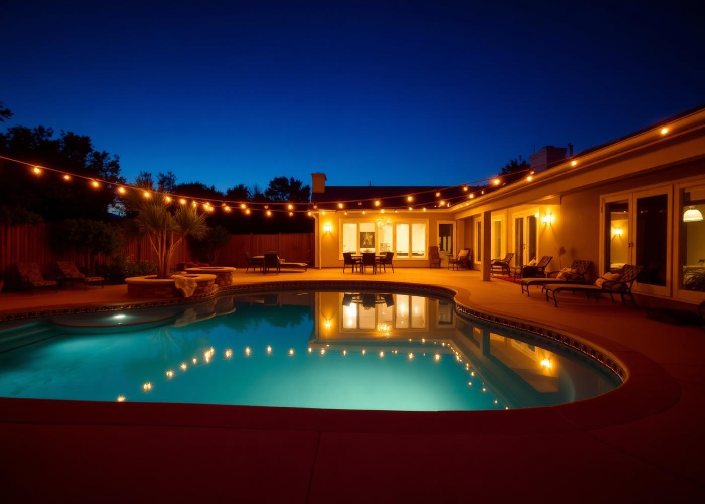 A residential pool at dusk lit by warm string lights above the deck.