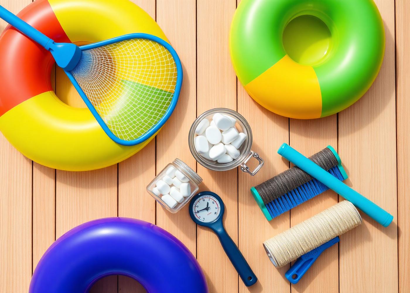 Overhead of pool supplies: floats, tablets, a skimmer, and a brush.