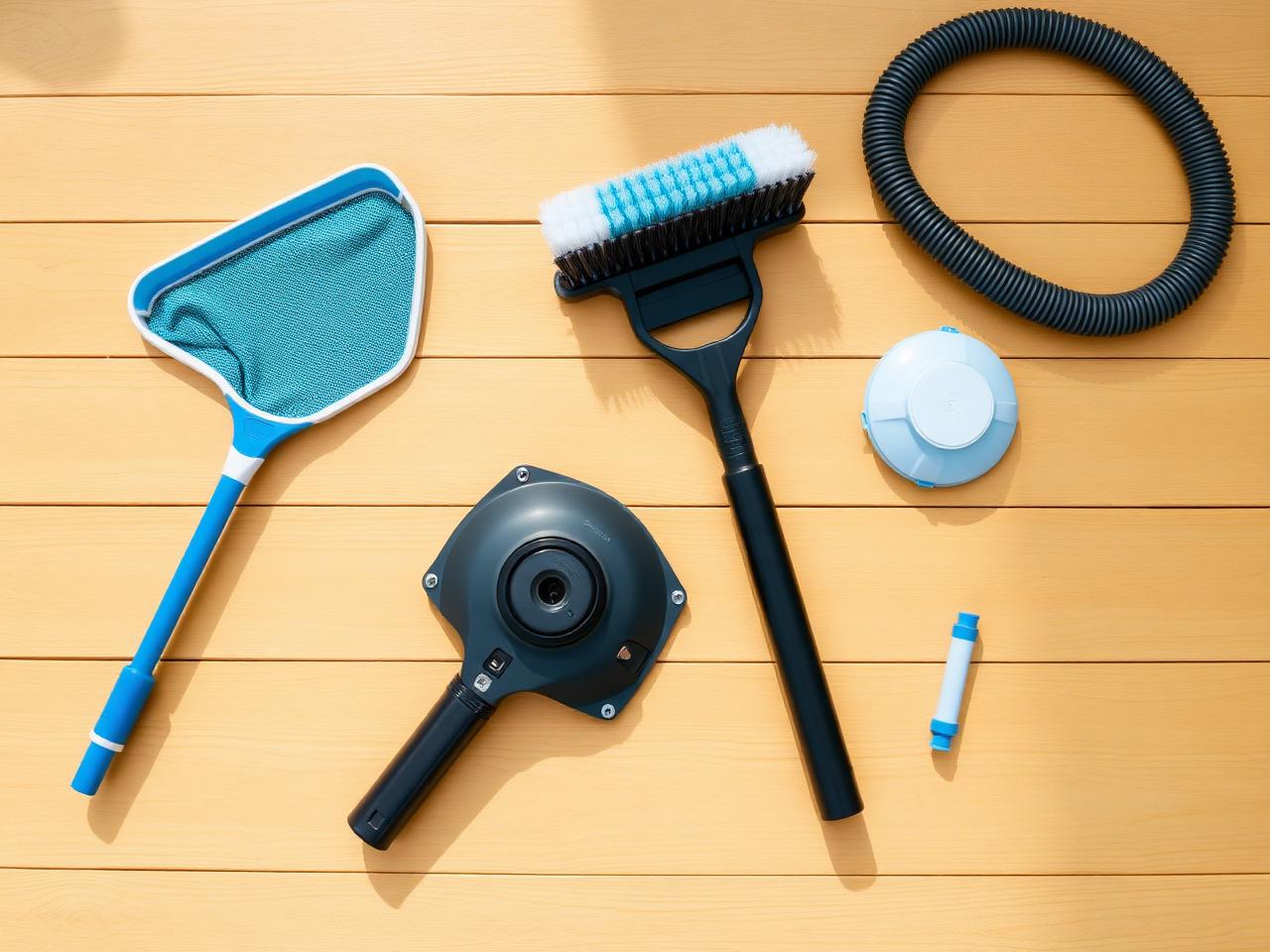 Pool maintenance tools laid out on a wood surface: a skimmer net, a wall brush, a vacuum head with hose, and a chlorine floater.