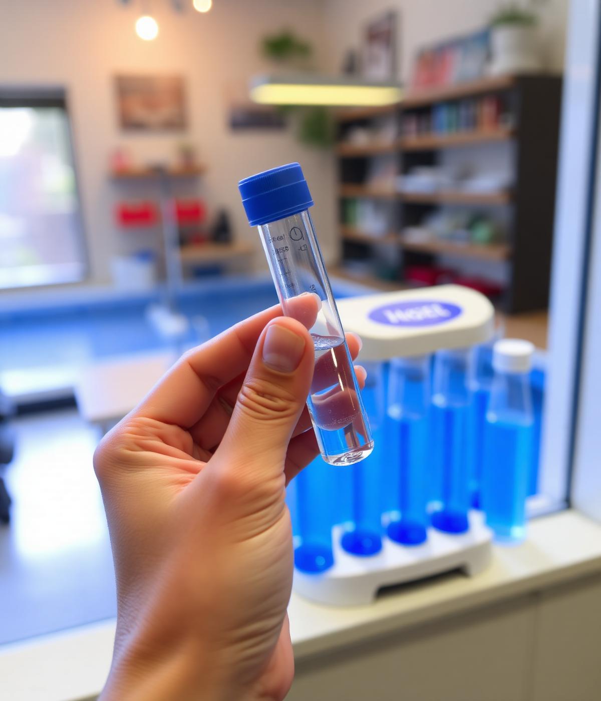 A vial of pool water held up to daylight inside the shop, ready to be tested.